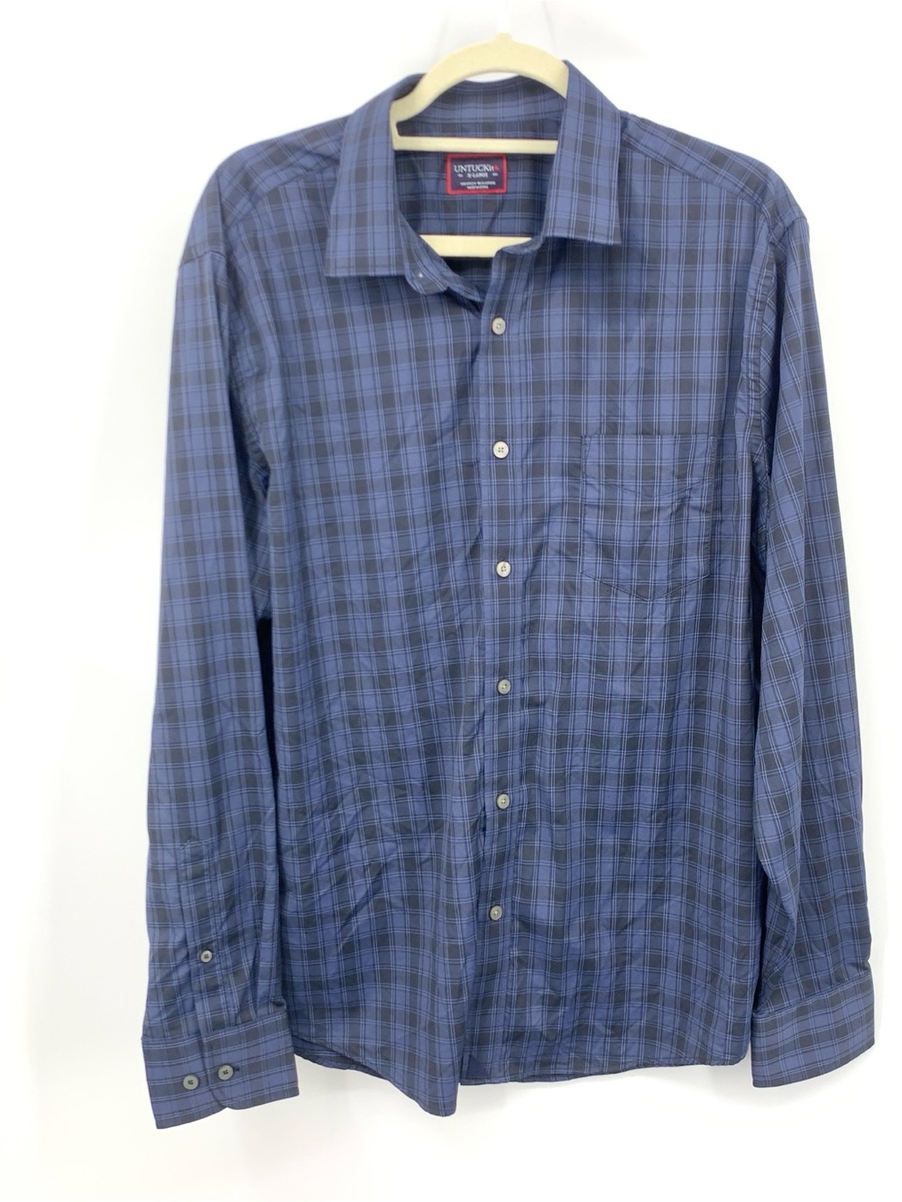 Untuckit Men Size XL Shirt Button Down Top Blue Checkered Plaid Nylon Stretch